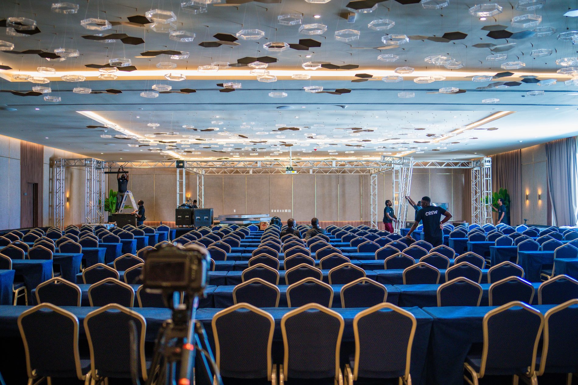 Empty ballroom with bare truss standing, before the build