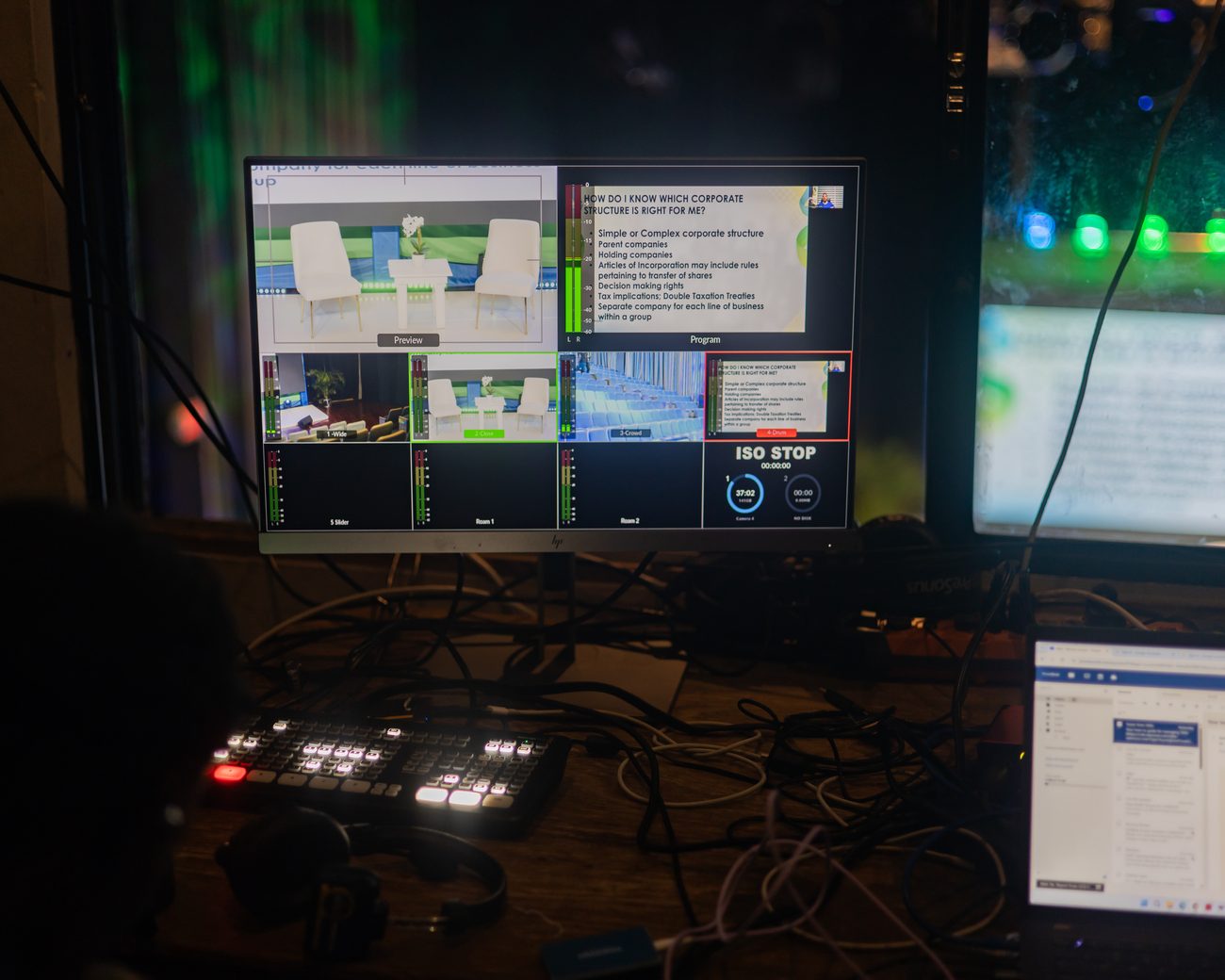 Video switcher and multiview monitors at the broadcast desk