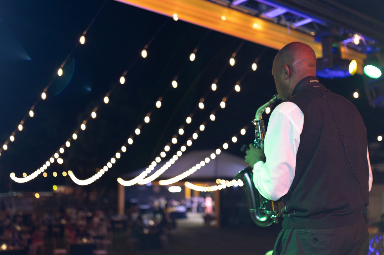 Performer silhouetted against sweeping festoon lighting