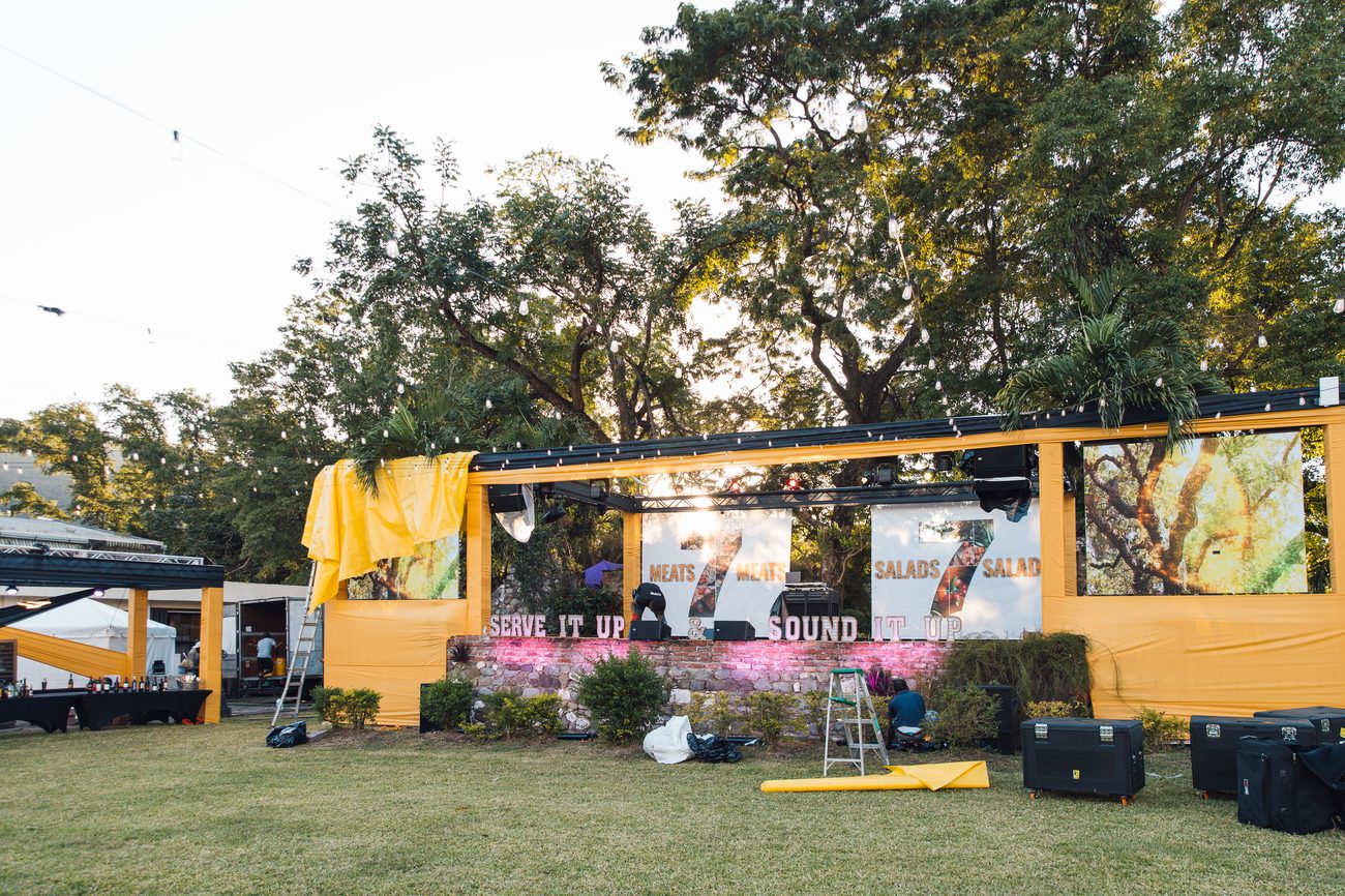 Stage build with LED screens, speakers and branded backdrop